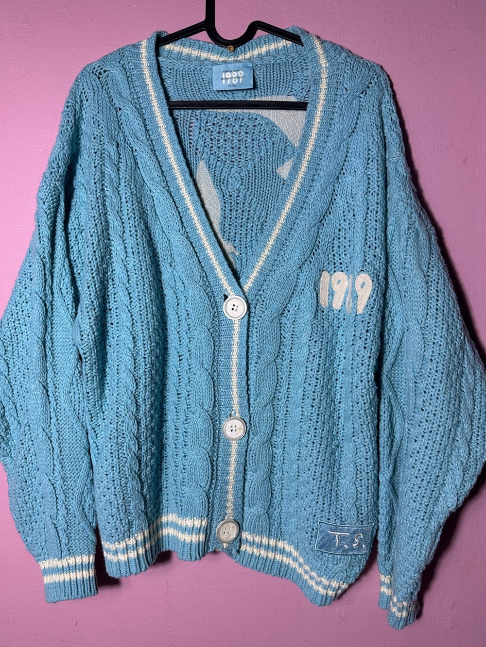 Taylor Sky Blue Cable-Knit Cardigan with Cream Trim